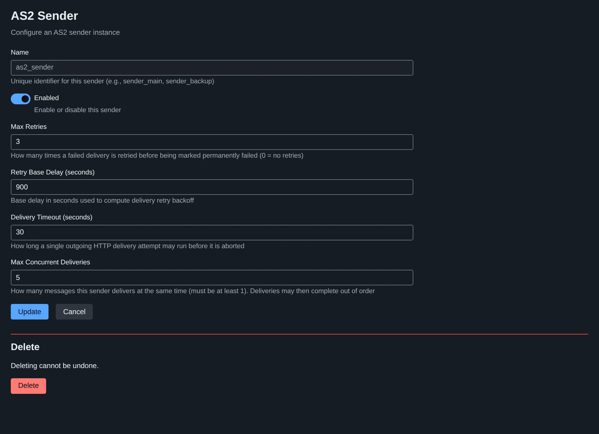An AS2 sender’s settings