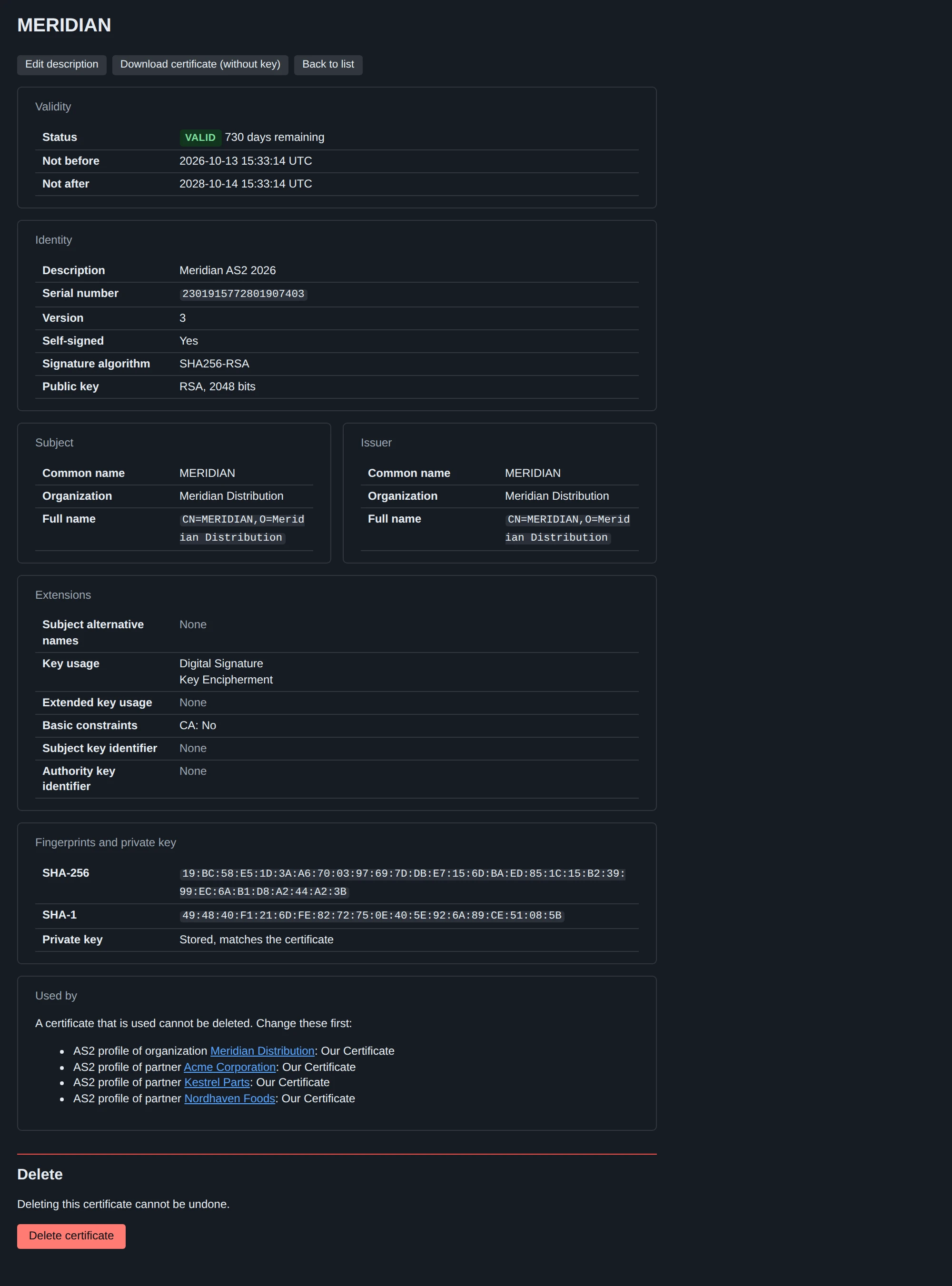 A certificate’s page: its details, its key and the records that use it