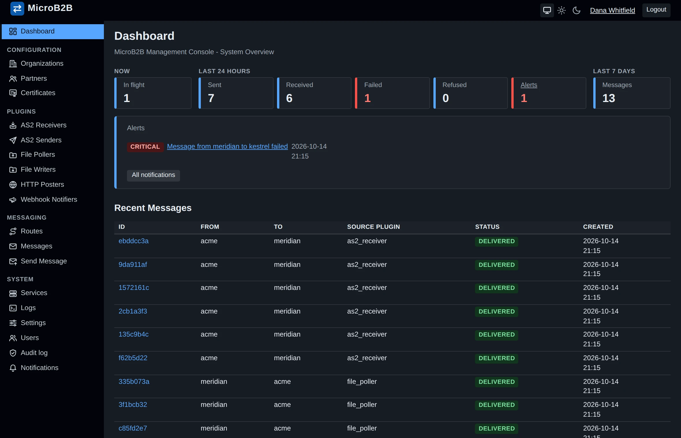 The dashboard: what is in flight, what was sent, received and failed, alerts and the latest messages