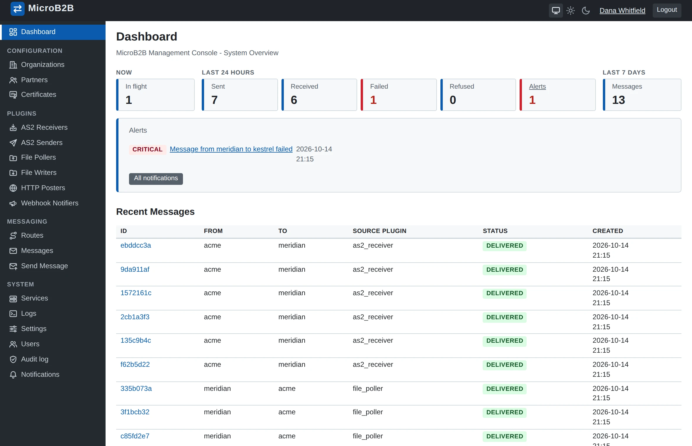 The dashboard: what is in flight, what was sent, received and failed, alerts and the latest messages