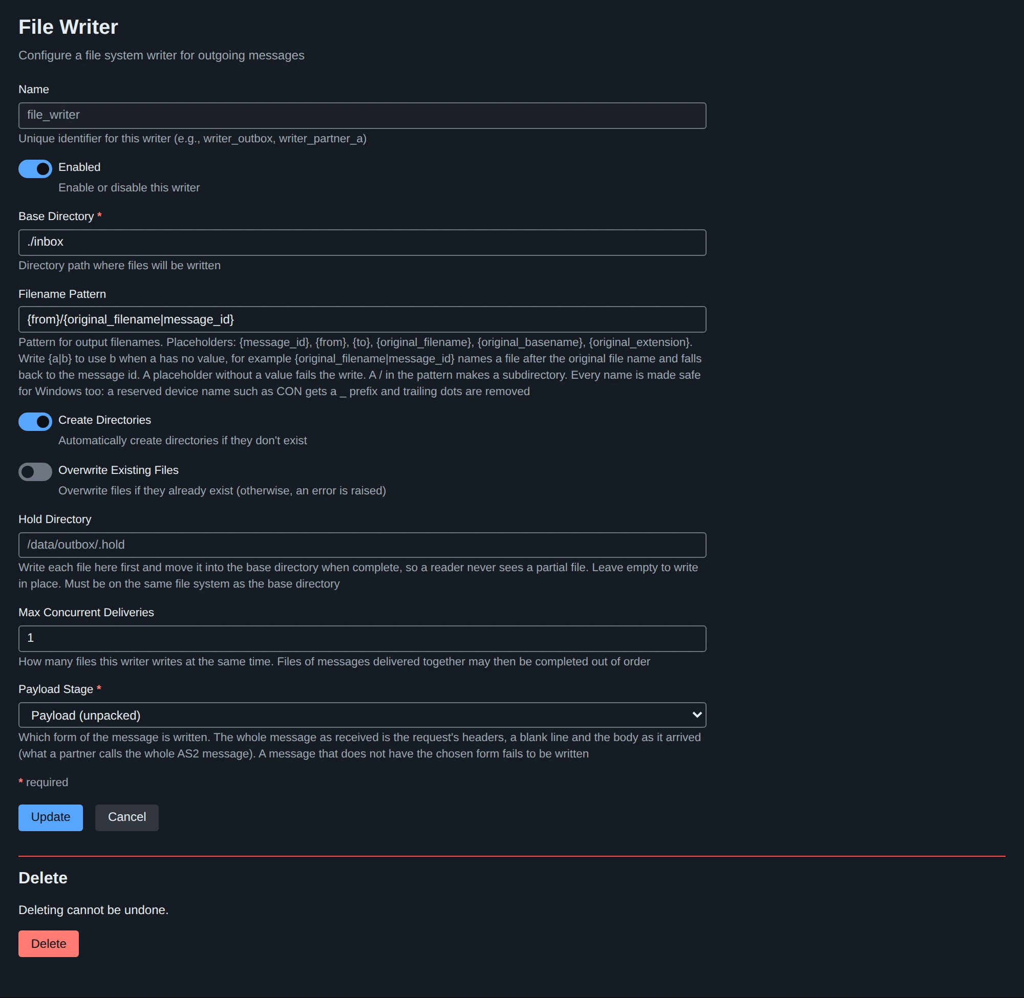 A file writer’s settings