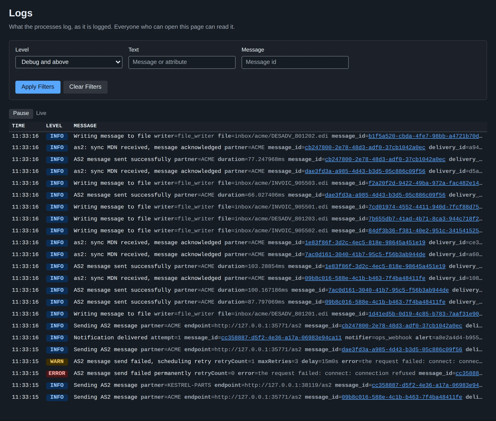 The Logs page, following what the processes log