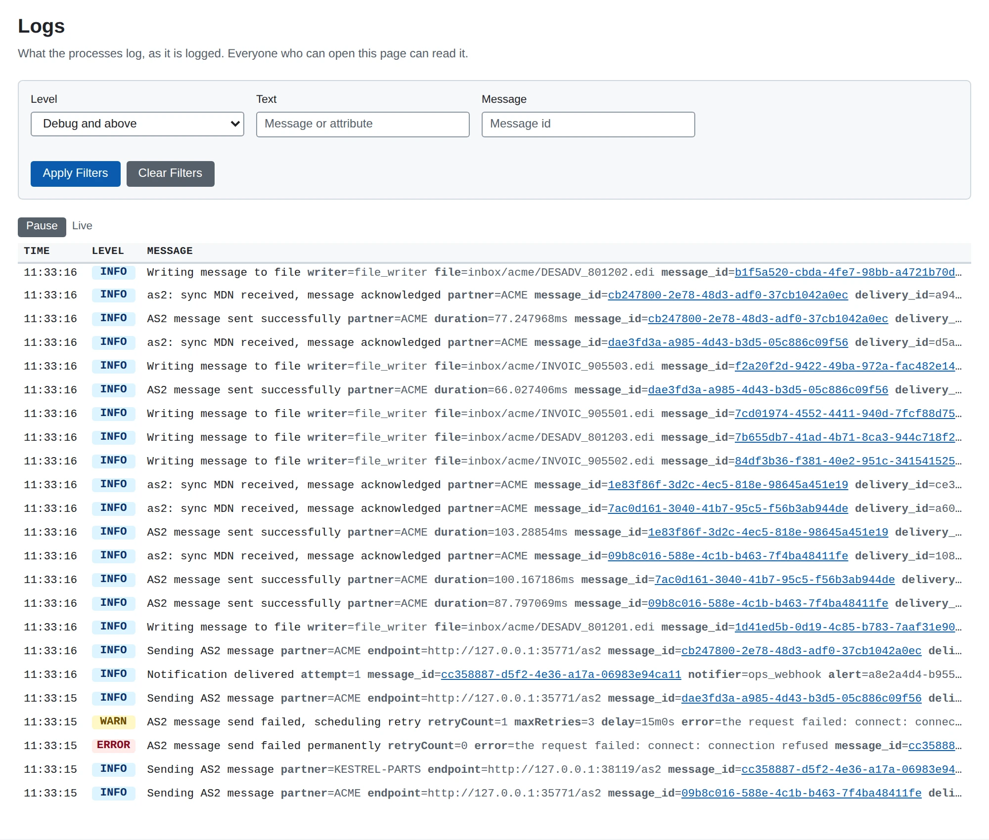 The Logs page, following what the processes log