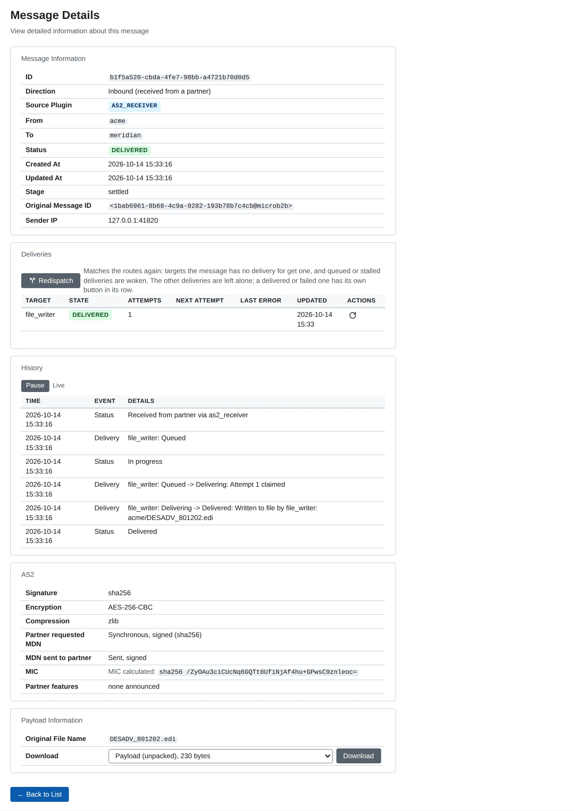 An incoming AS2 message: its deliveries, its history and how it was protected