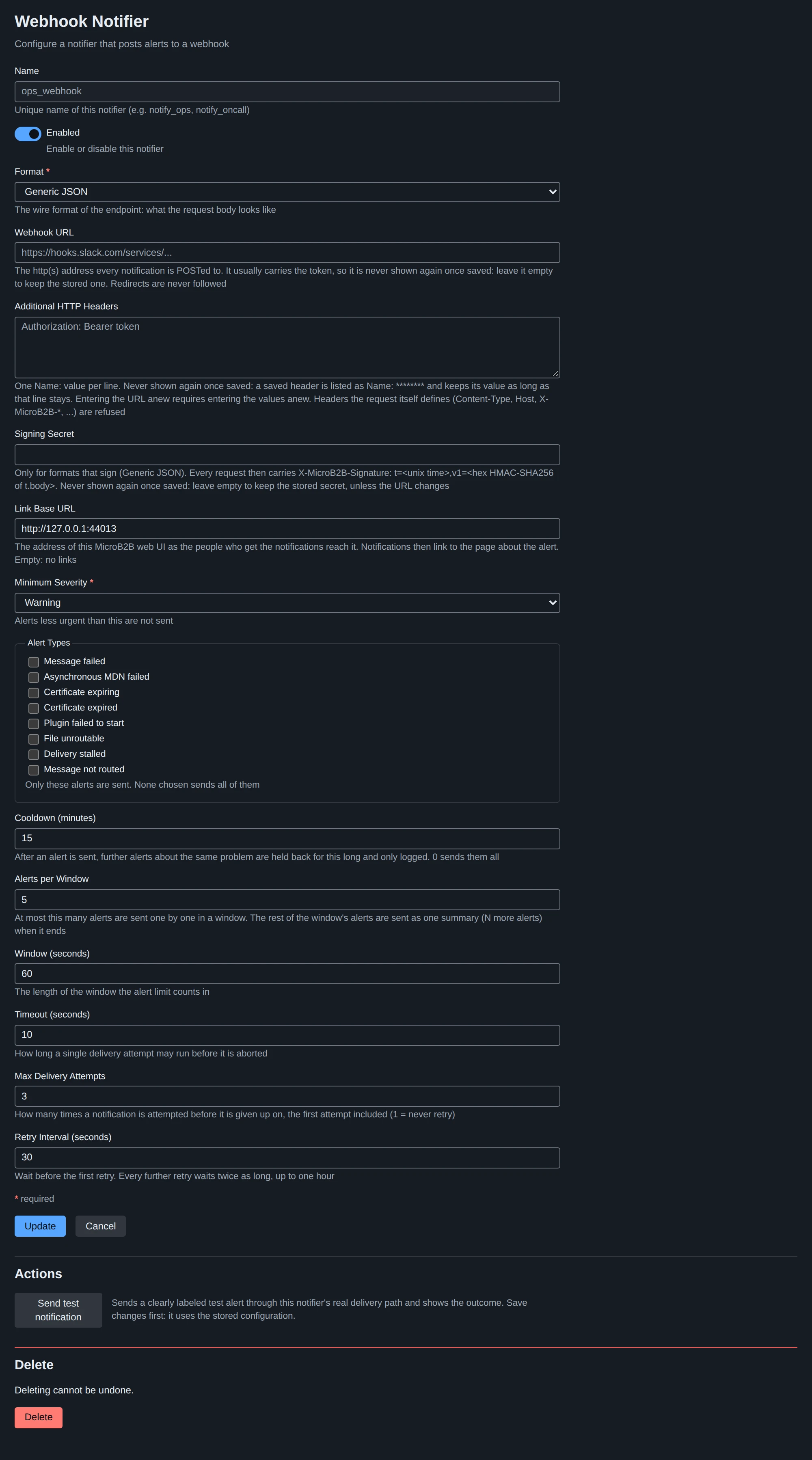 A webhook notifier’s settings