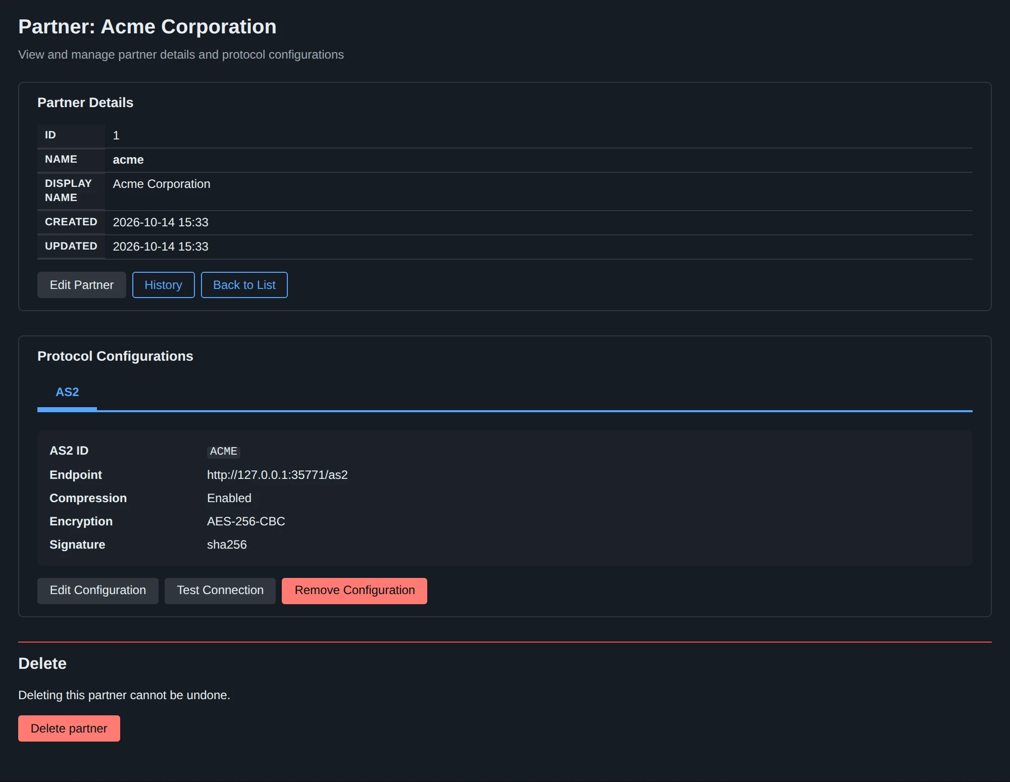 A partner’s page with its AS2 profile