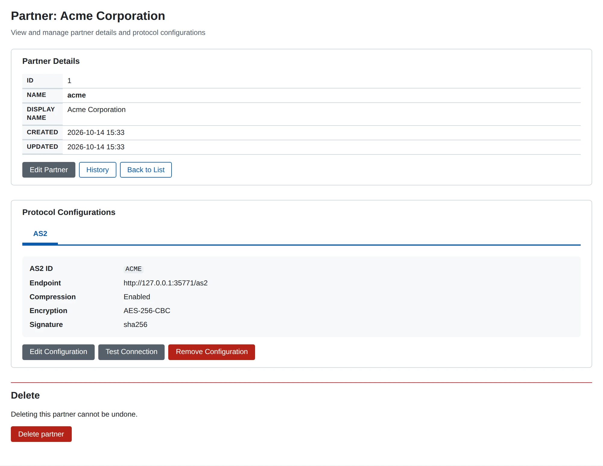 A partner’s page with its AS2 profile