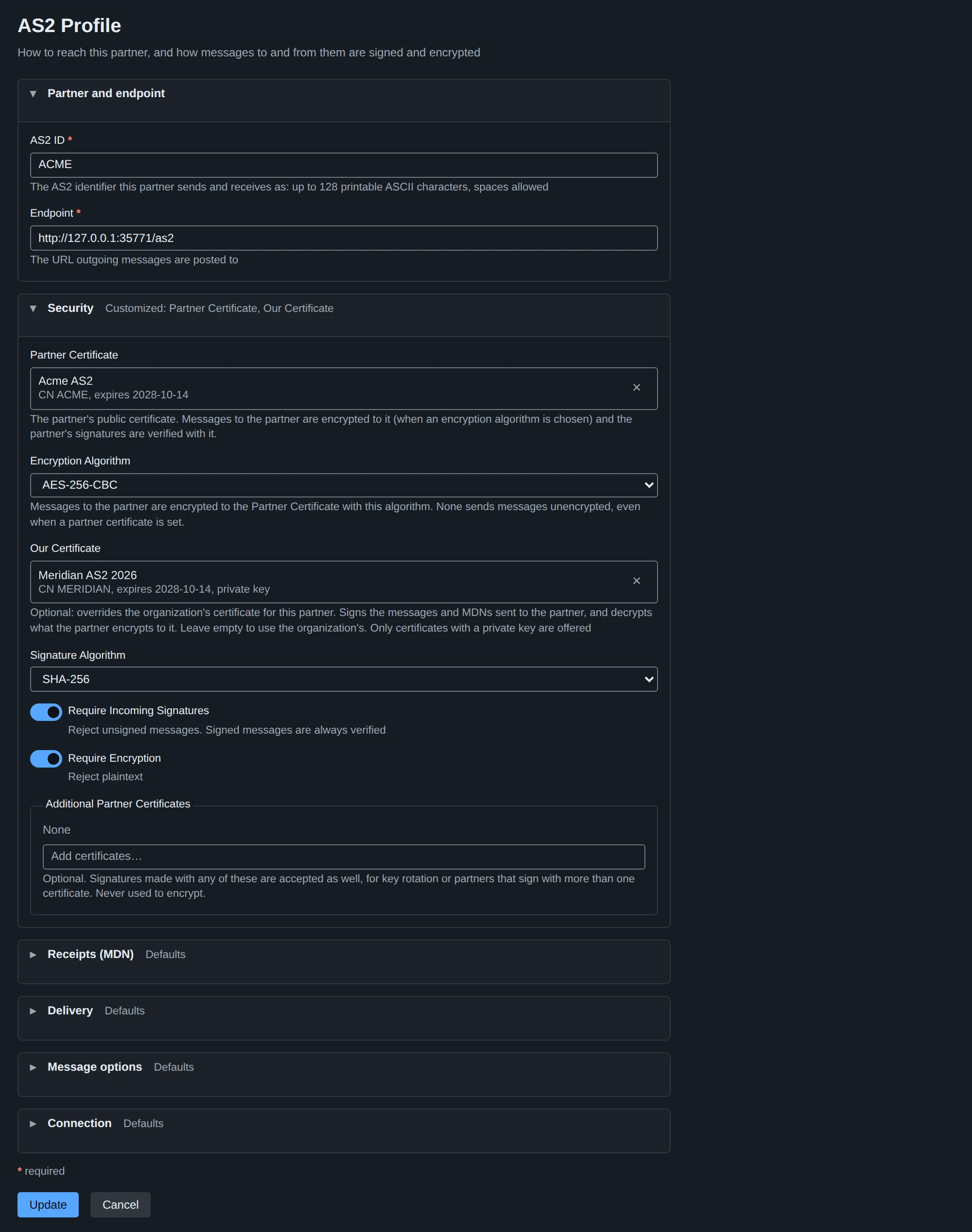 A partner’s AS2 profile, its sections collapsed while they hold their defaults